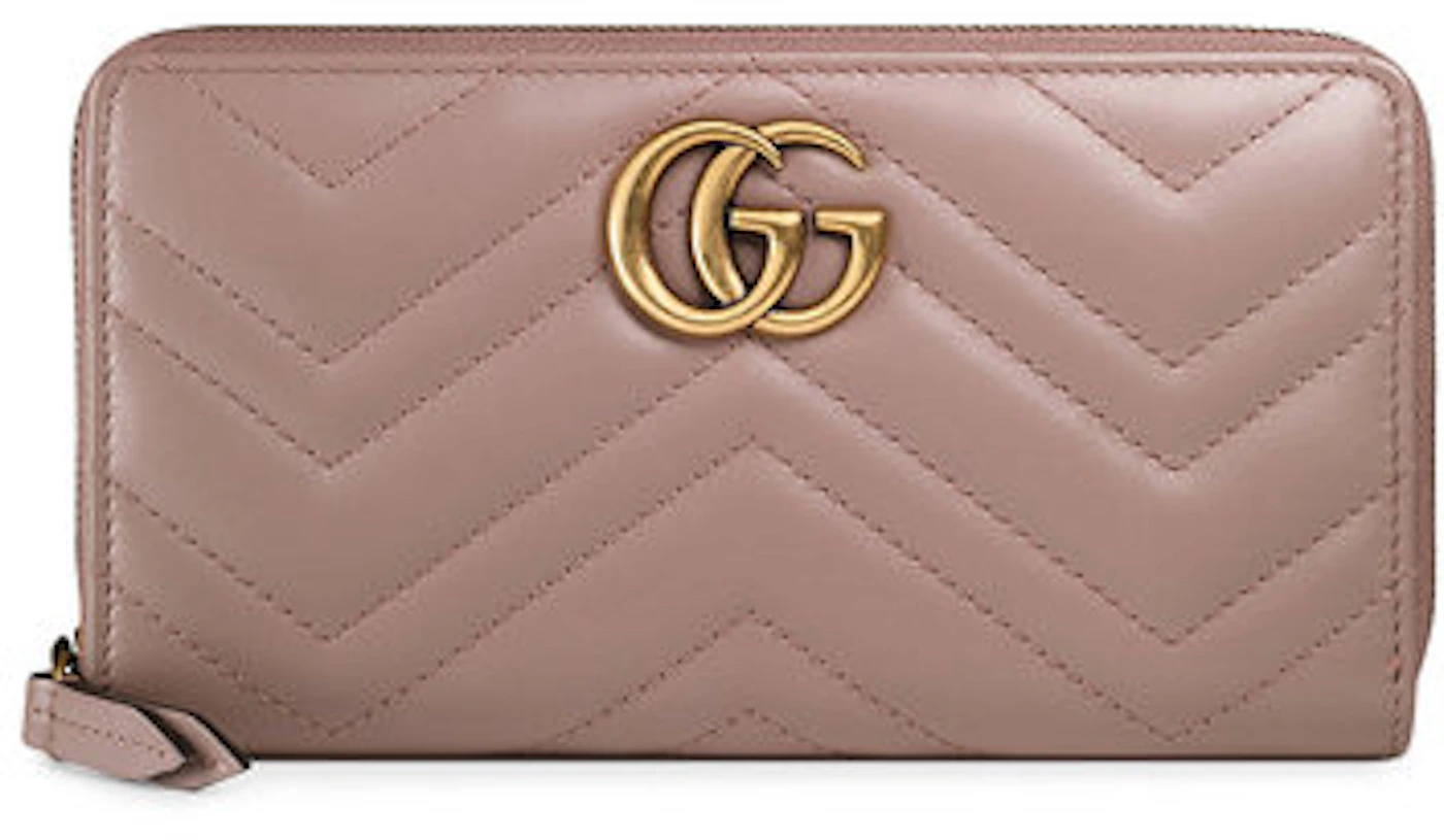 Låne længde Først Gucci GG Marmont Wallet Zip Around Matelasse Dusty Pink in Calfskin Leather  with Antique Gold - JP