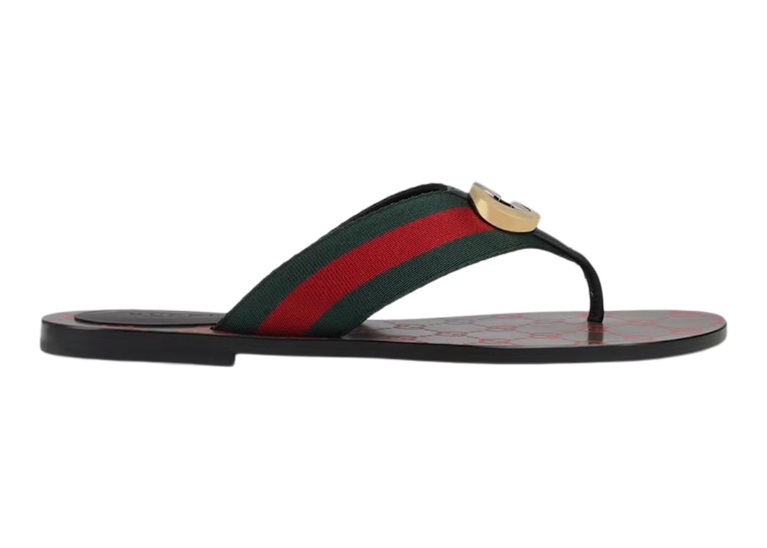 Pre-owned Gucci Web Thong Sandal Black Leather In Green/red/black