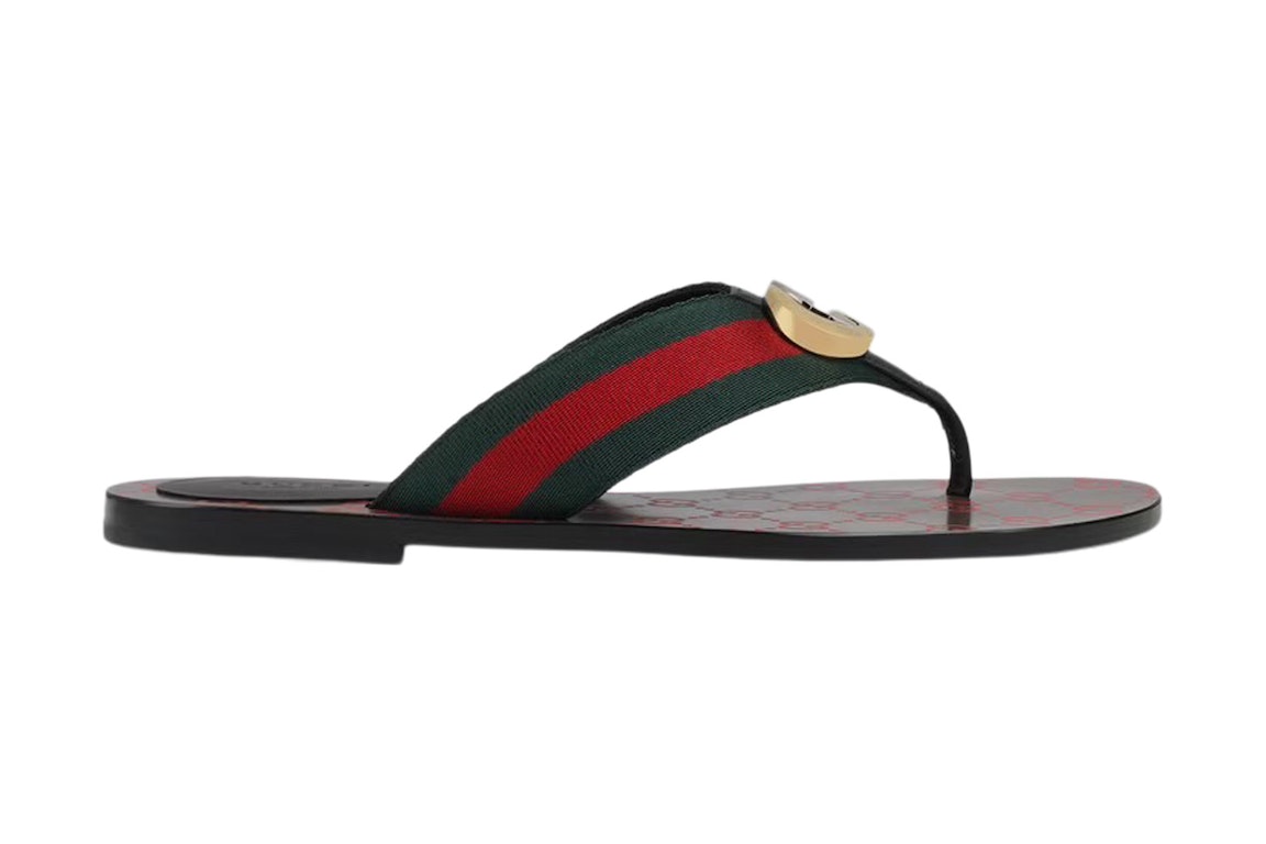 Pre-owned Gucci Web Thong Sandal Black Leather In Green/red/black