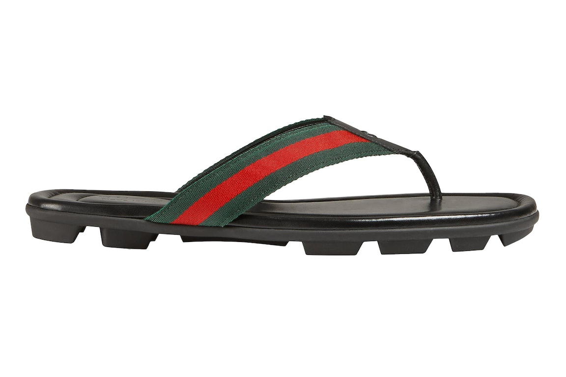 Pre-owned Gucci Web And Leather Thong Sandal Black Leather In Black/green/red