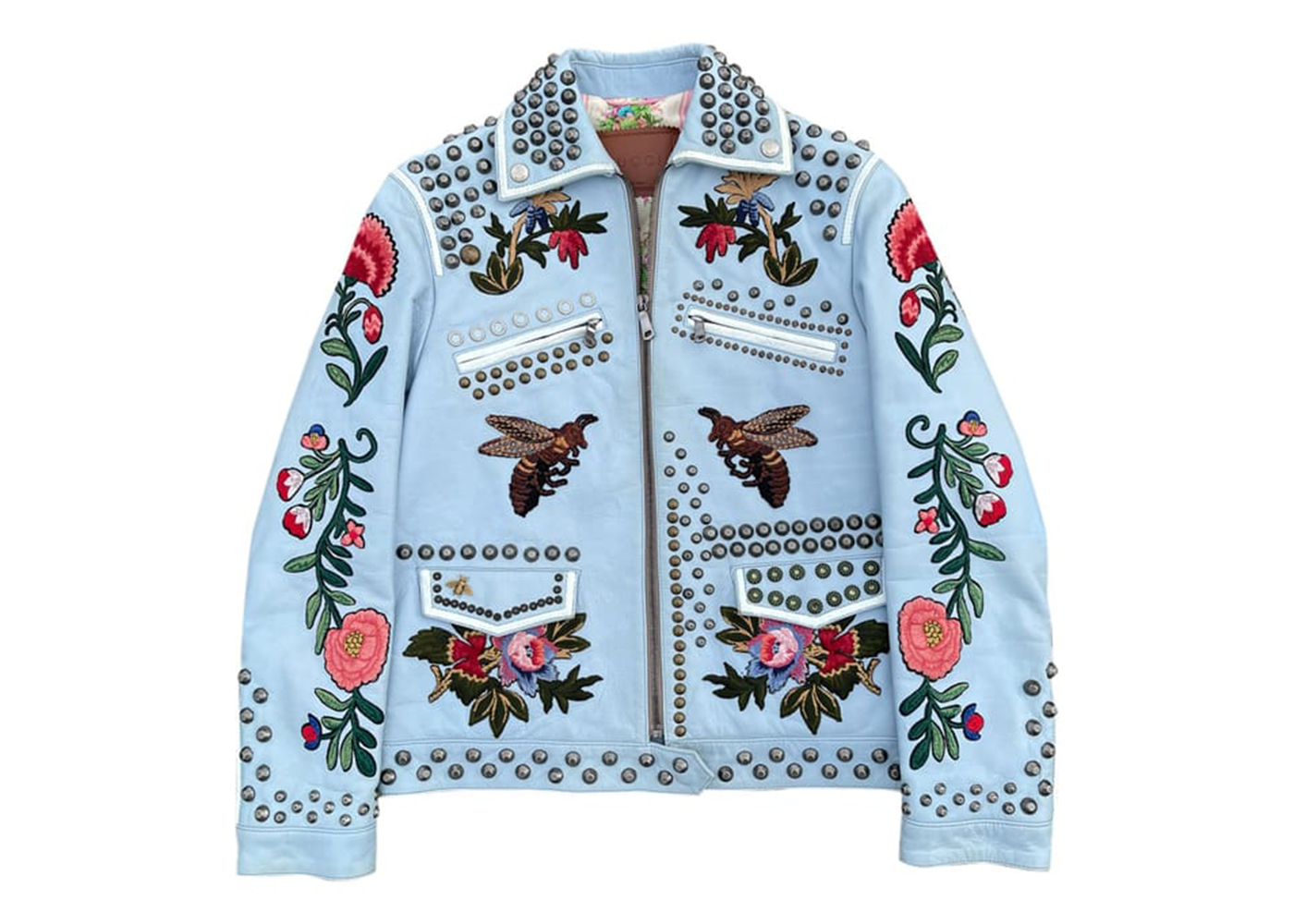 Gucci Women s Floral Embroidered Leather Jacket Blue US