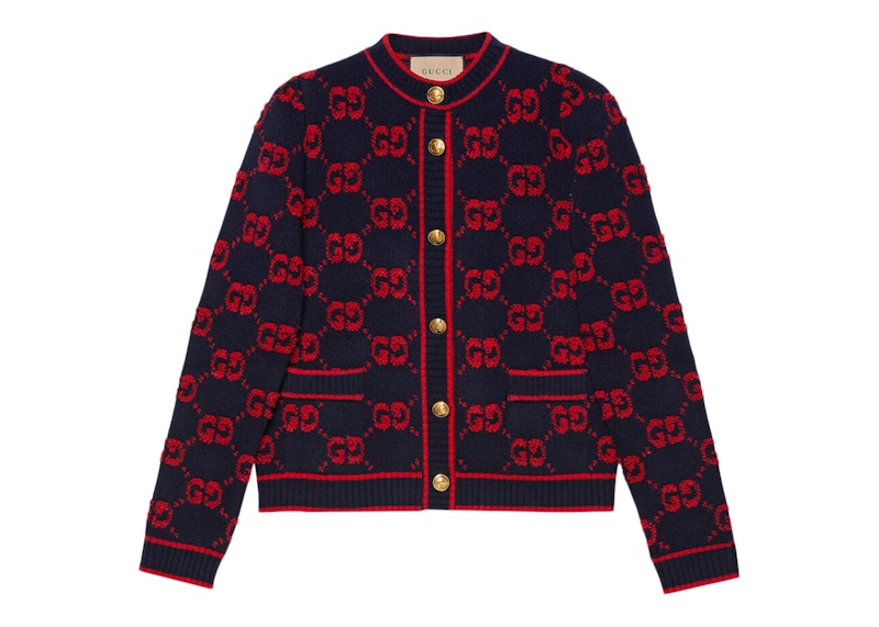 Gucci Women s GG Wool Boucle Jacquard Cardigan Blue Red