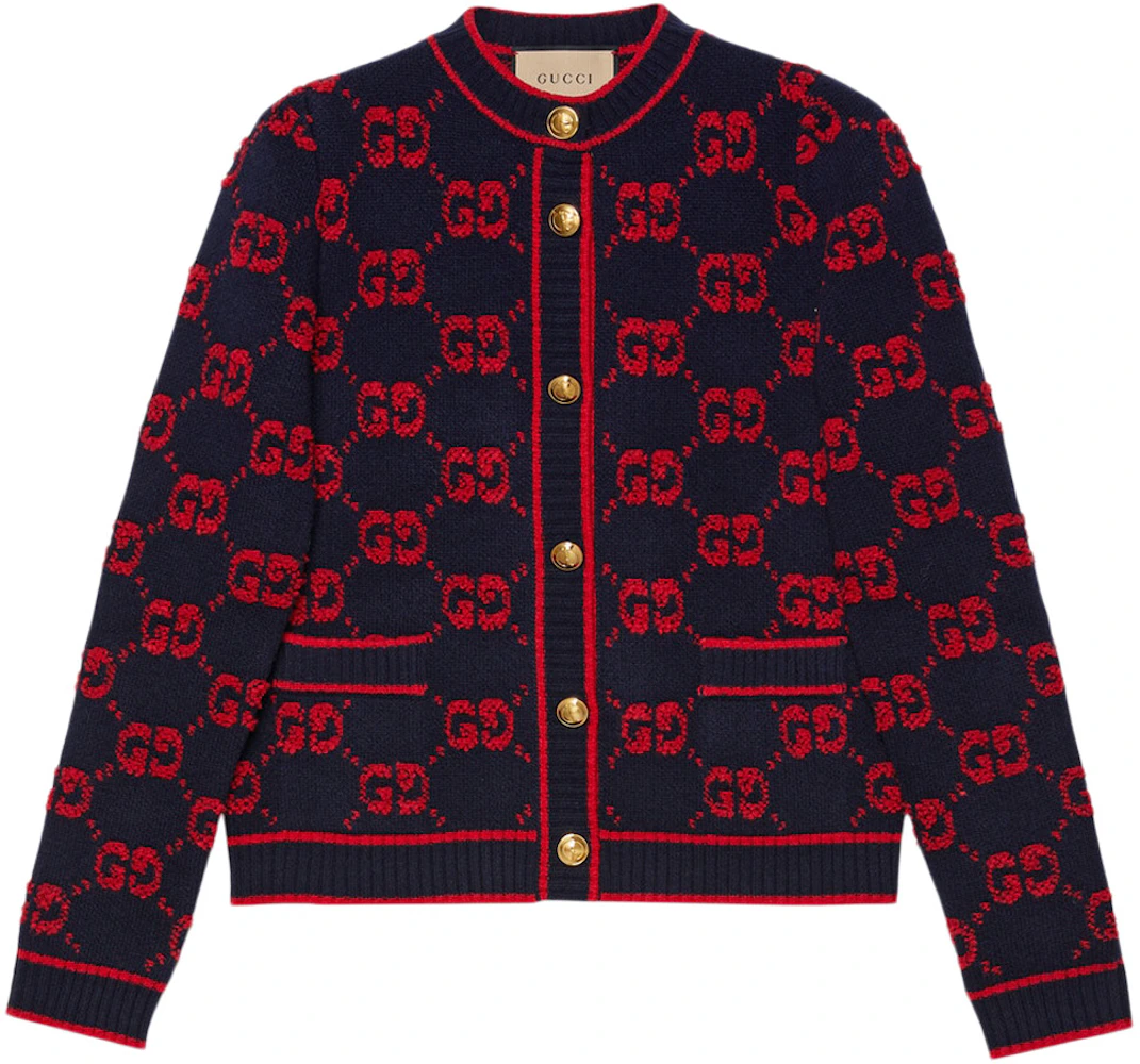 Gucci Women's GG Wool Boucle Jacquard Cardigan Blue/Red - SS23 - US