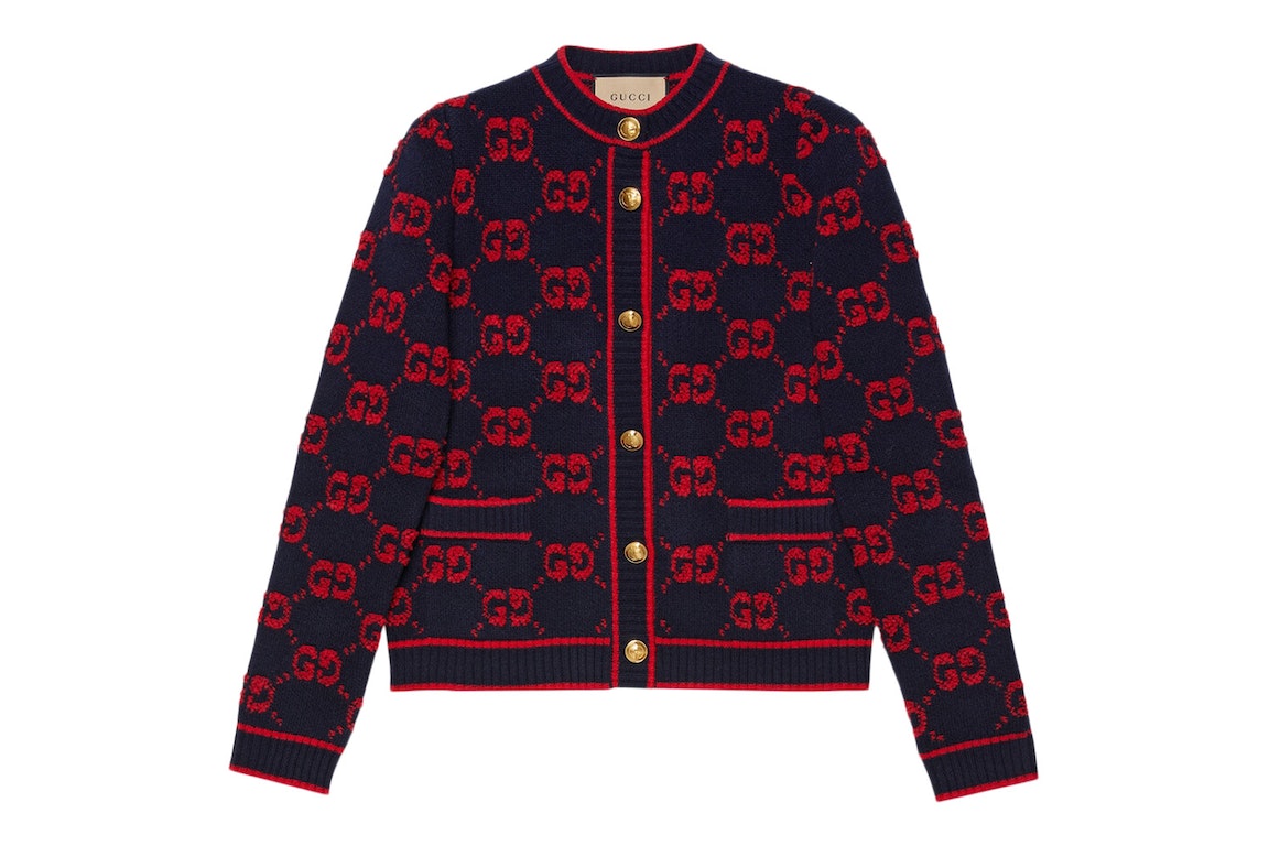 Pre-owned Gucci Women's Gg Wool Boucle Jacquard Cardigan Blue/red