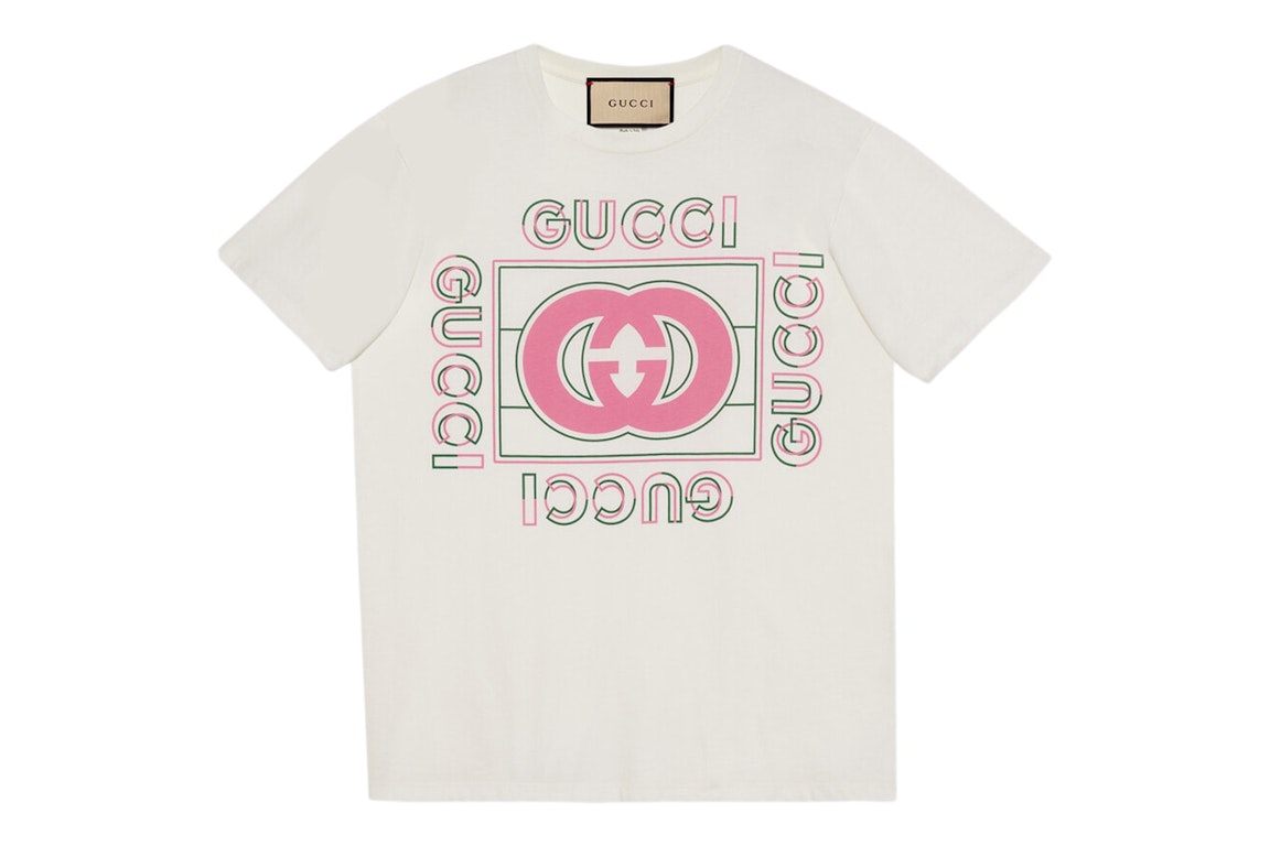 Pre-owned Gucci Women's Oversized Vintage Logo Print T-shirt Off White/pink/green