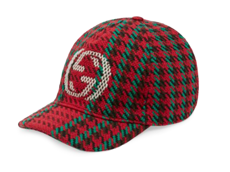 Gucci Wool Checkered Houndstooth Cap Red/Green/Brown Men's - US