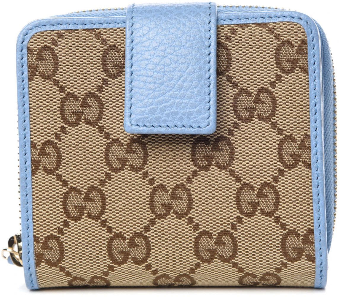 Gucci Zip Around French Flap Wallet Monogram Blue in Canvas with
