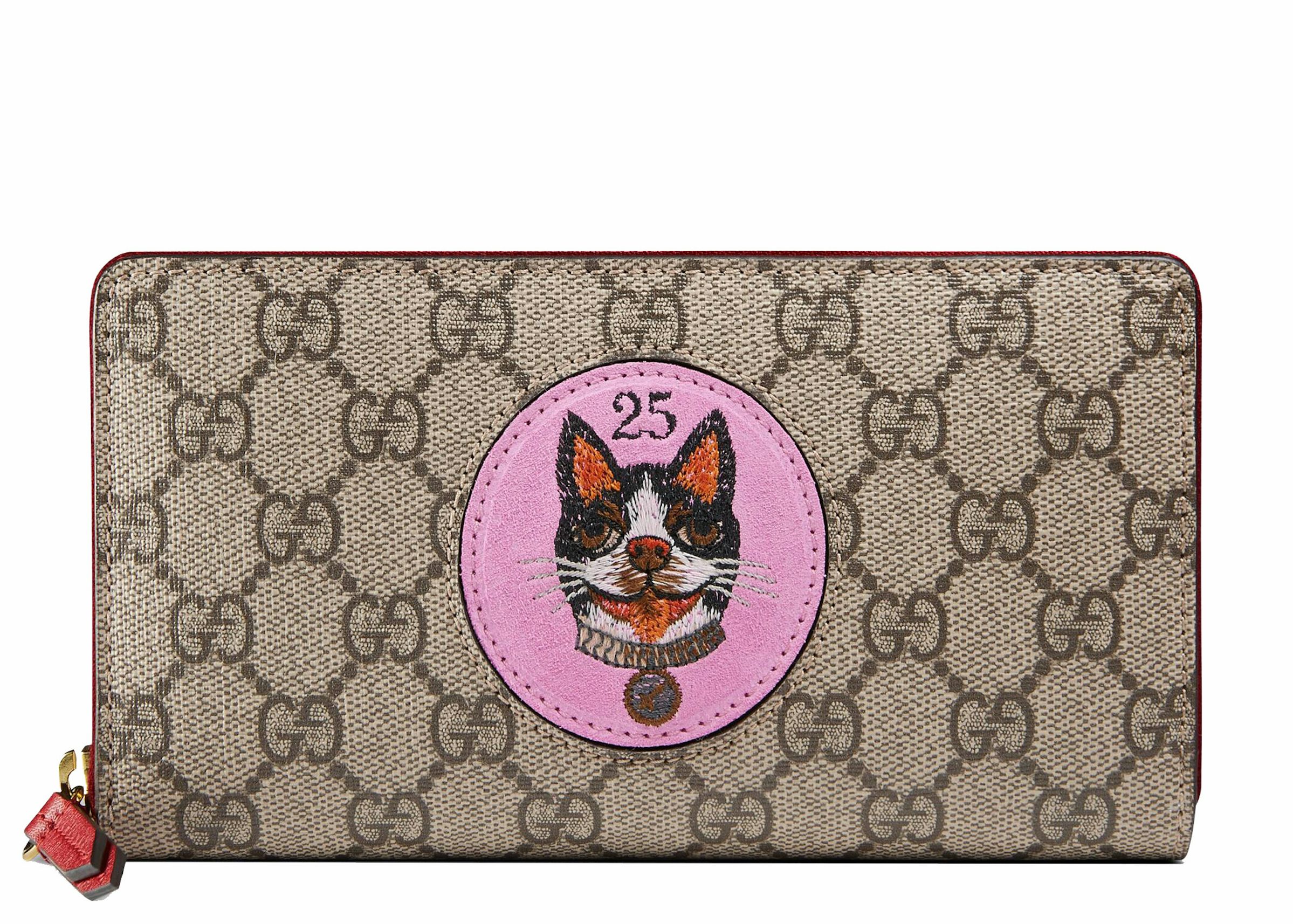 GUCCI GG Supreme Monogram Mystic Cat Patch Zip Around Card Case Wallet  Beige Hibiscus Red 432087