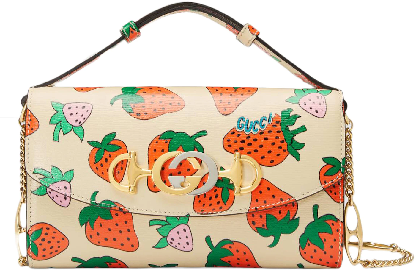 New Gucci Strawberry Cherry Logo Black Gold Leather Padlock Shoulder Bag