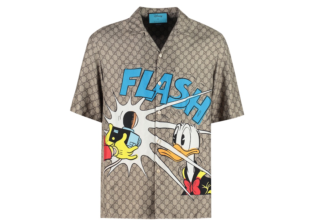 Pre-owned Gucci X Disney Donald Duck Monogram Silk Shirt Beige