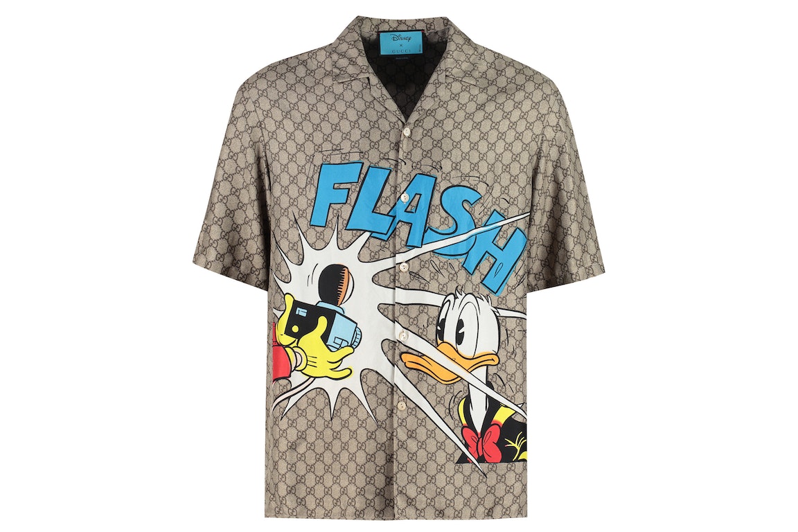 Pre-owned Gucci X Disney Donald Duck Monogram Silk Shirt Beige