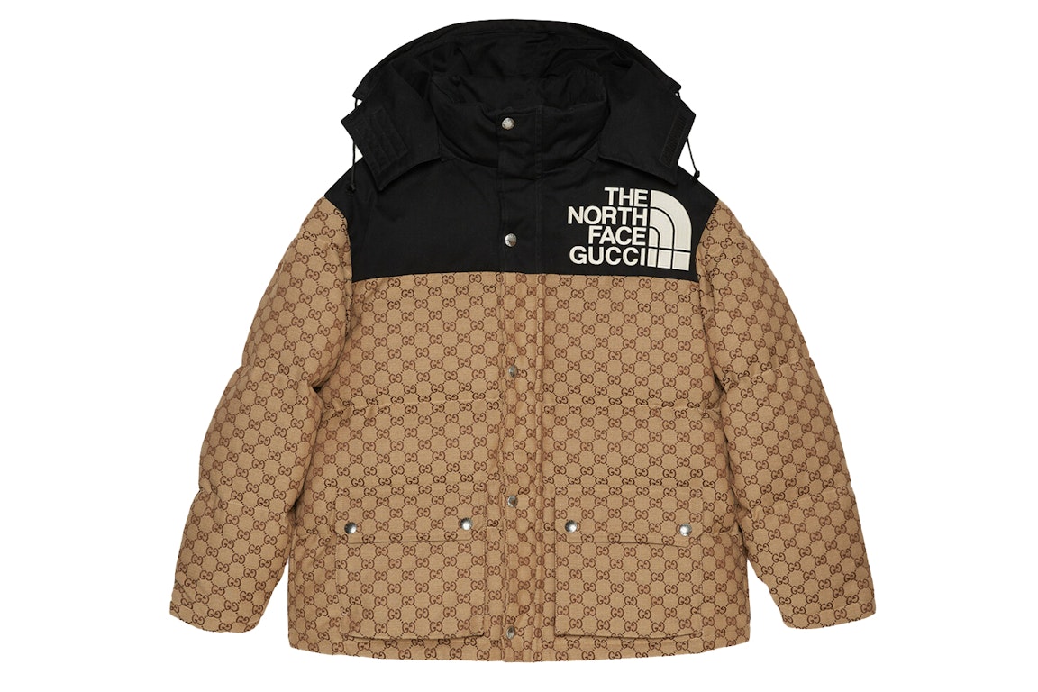 Pre-owned Gucci X The North Face Womens Gg Padded Jacket Black Ebony Beige