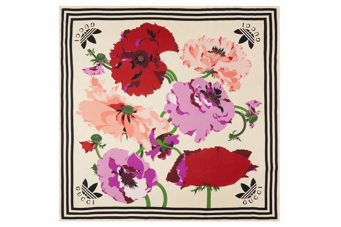 Pre-owned Gucci X Adidas Maxi Flower Print Silk Scarf Ivory/pink