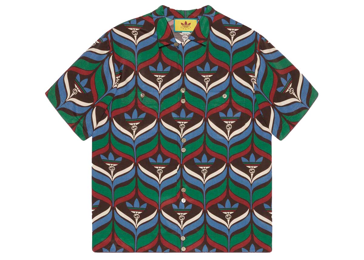 Gucci x adidas Trefoil Print Bowling Shirt Brown/Green Men's 