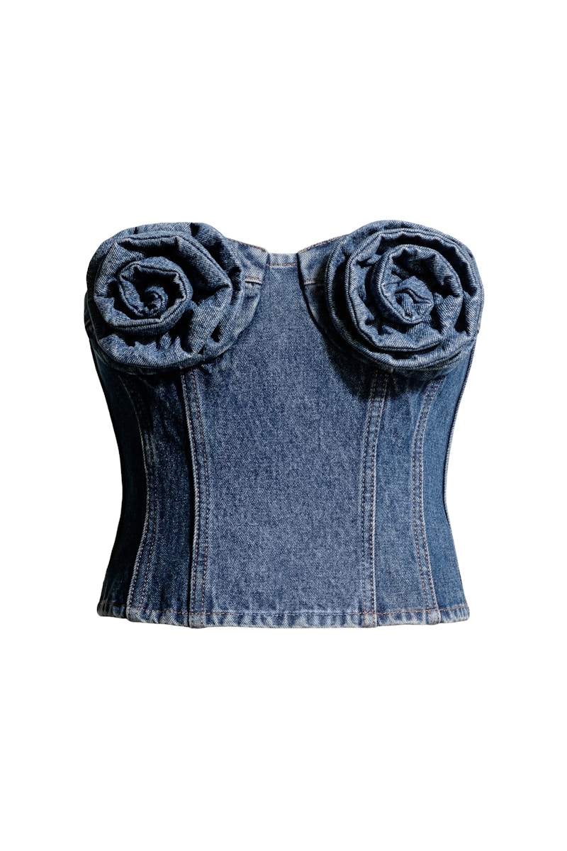新品✨magda butrym  ローズ　デニムビスチェトップス 32 H&M x Magda Butrym Denim Bustier Top with Rose Appliques