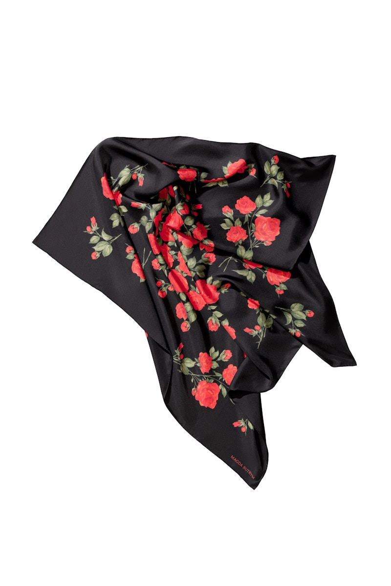 Pre-owned H&m Women's X Magda Butrym Printed Silk Scarf In Black/roses