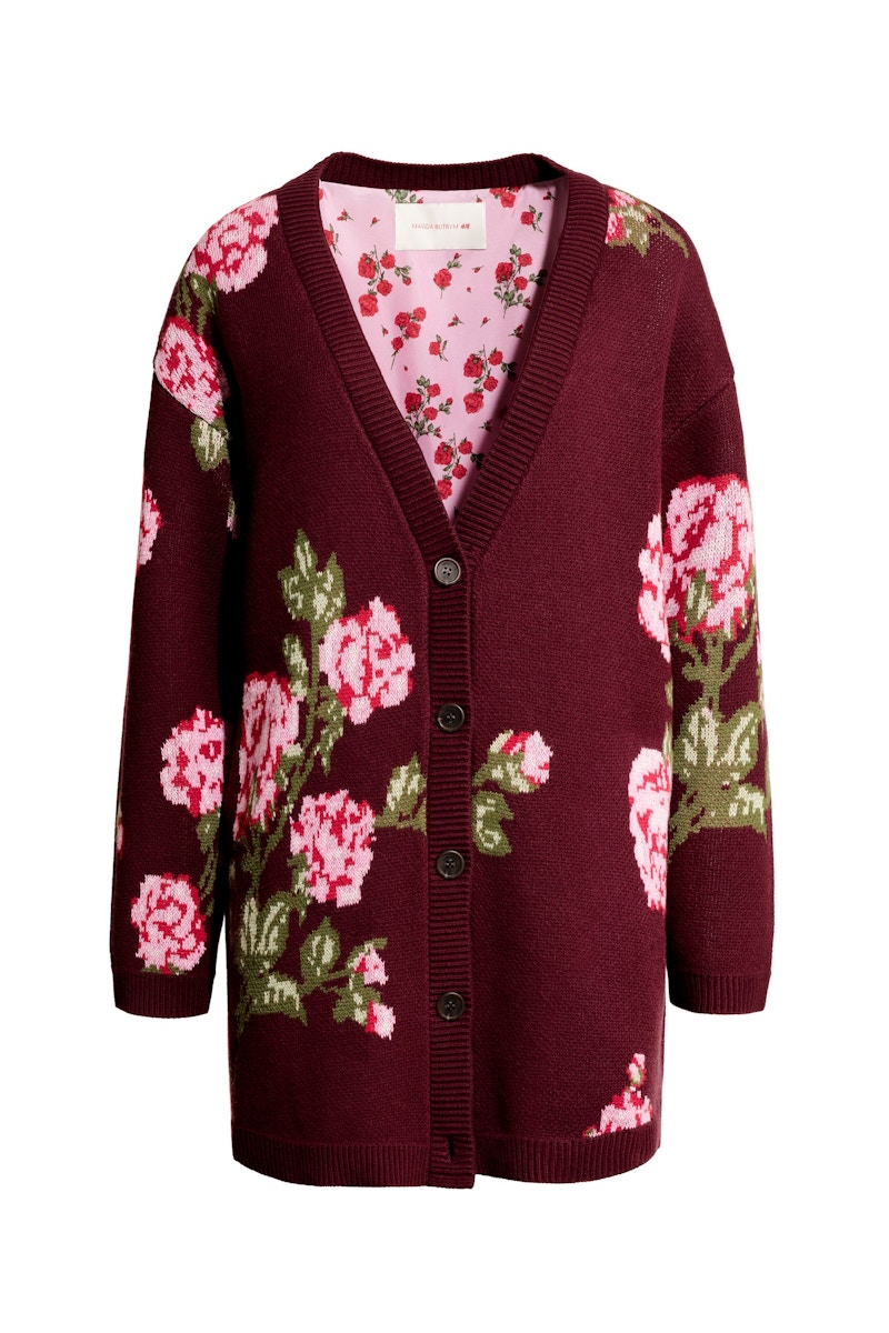 H&M x Magda Butrym Wool-Blend Jacquard-Knit Cardigan Burgundy/Roses