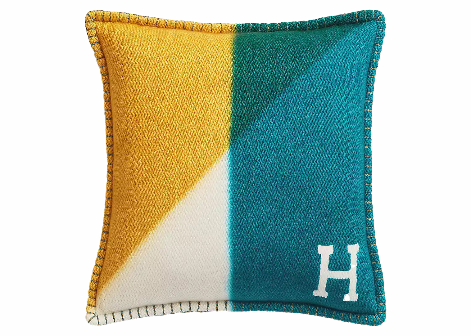 Hermes Avalon Tangram Pillow Soleil/Emeraude in 100% Cashmere Wool
