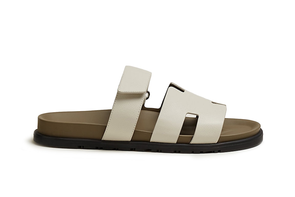 Pre-owned Hermes Chypre Sandal Beige Glaise Vert Toundra Grained Leather (m) In Beige Glaise/vert Toundra/black