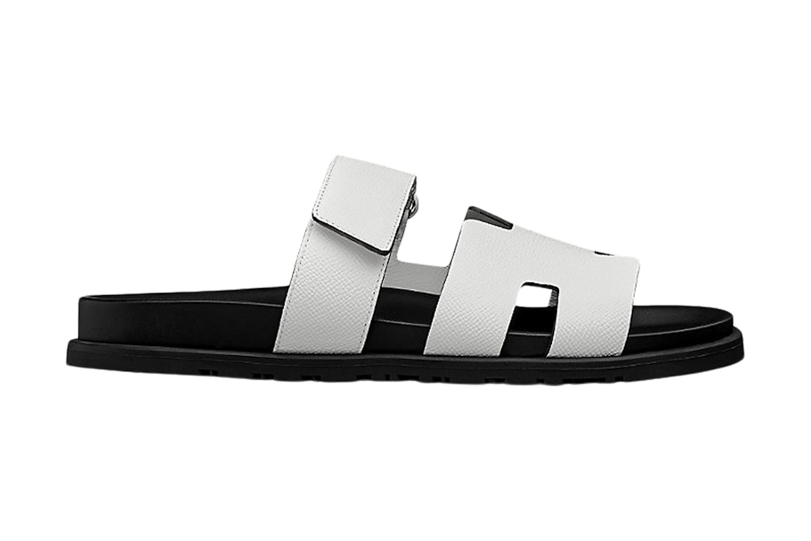 Pre-owned Hermes Chypre Sandal Blanc Epsom Leather (m) In White/black