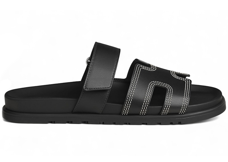 Hermes Chypre Sandal Noir Calfskin White Stitching Men's