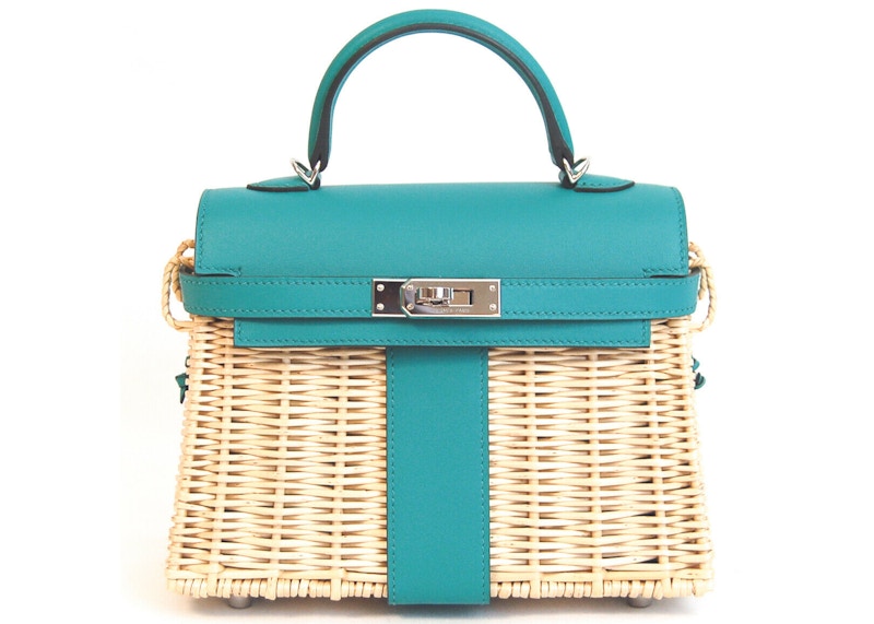 Hermes Kelly Picnic Swift Wicker 20 Green in Wicker Leather with