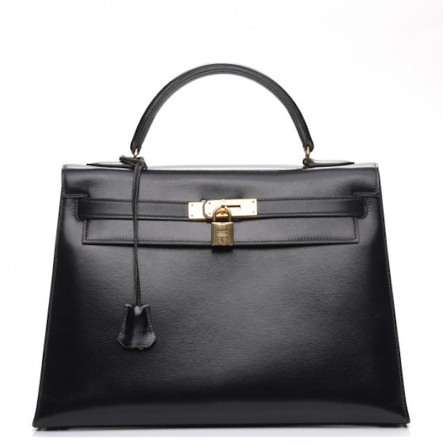 Vintage Hermes Retourne Kelly Bag 32 In Black Box Leather X Golden