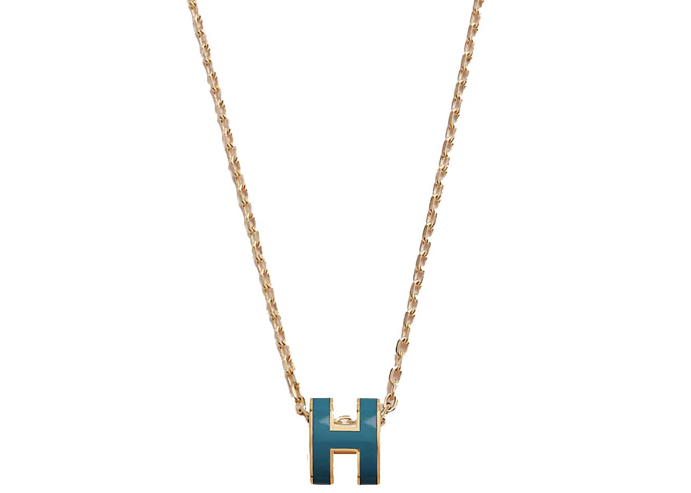 Hermes Mini Pop H Pendant Gold-tone Bleu Jean in Lacquered Metal