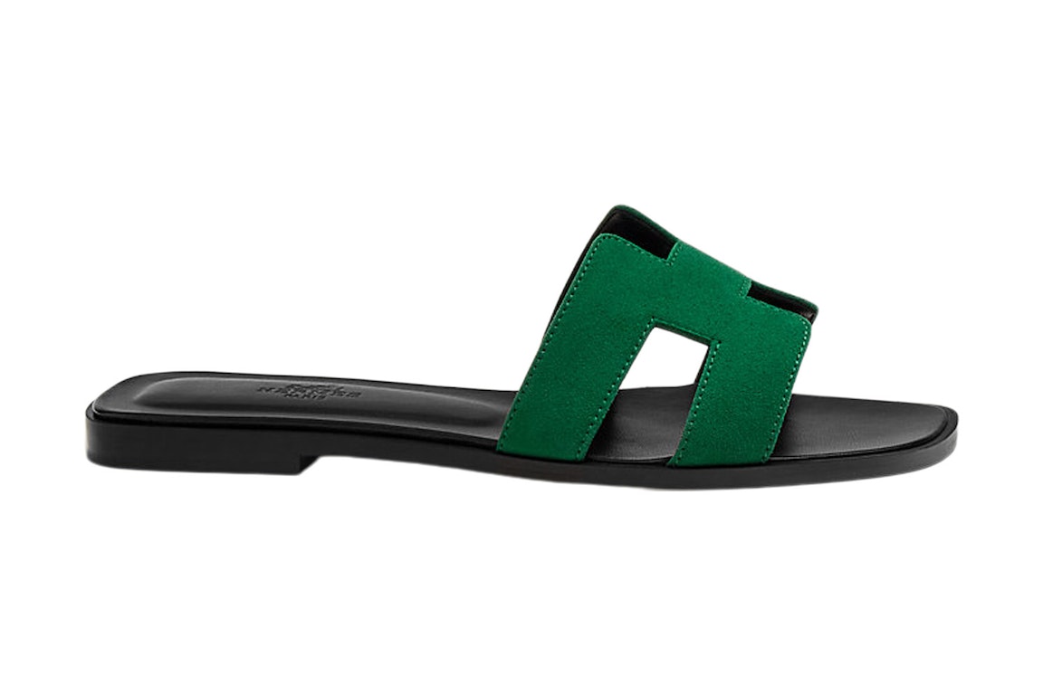 Pre-owned Hermes Oran Sandal Vert Electrique Suede Goatskin In Green/black