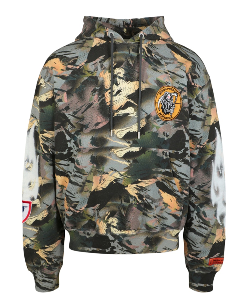 Pre-owned Heron Preston Men's Camouflage Flaming Sleeve Hoodie In Green