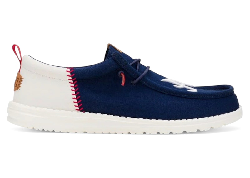 Pre-owned Hey Dude Men's Wally Funk Mlb Atlanta Braves Sneakers In Navy Blue/white