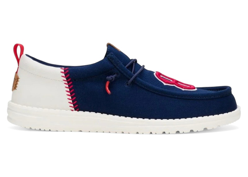 Pre-owned Hey Dude Men's Wally Funk Mlb Boston Red Sox Sneakers In Navy Blue/white