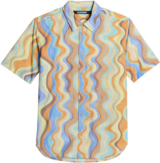 Jacquemus La Chemise Melo Paisley Bandana Short Sleeve Shirt Print Blue Waves Stripes