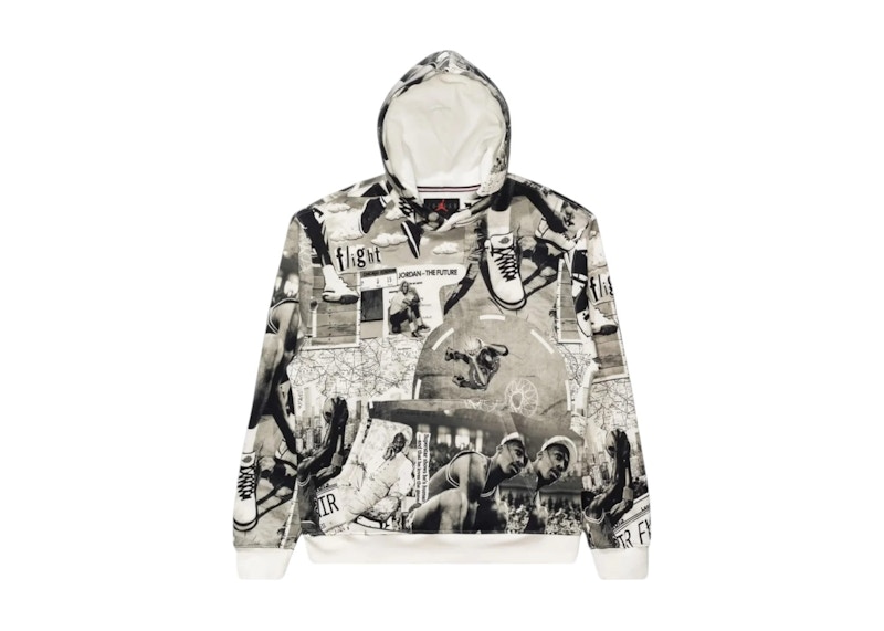Pre-owned Jordan Men's Brooklyn Fleece Printed Pullover Hoodie In Black/sail