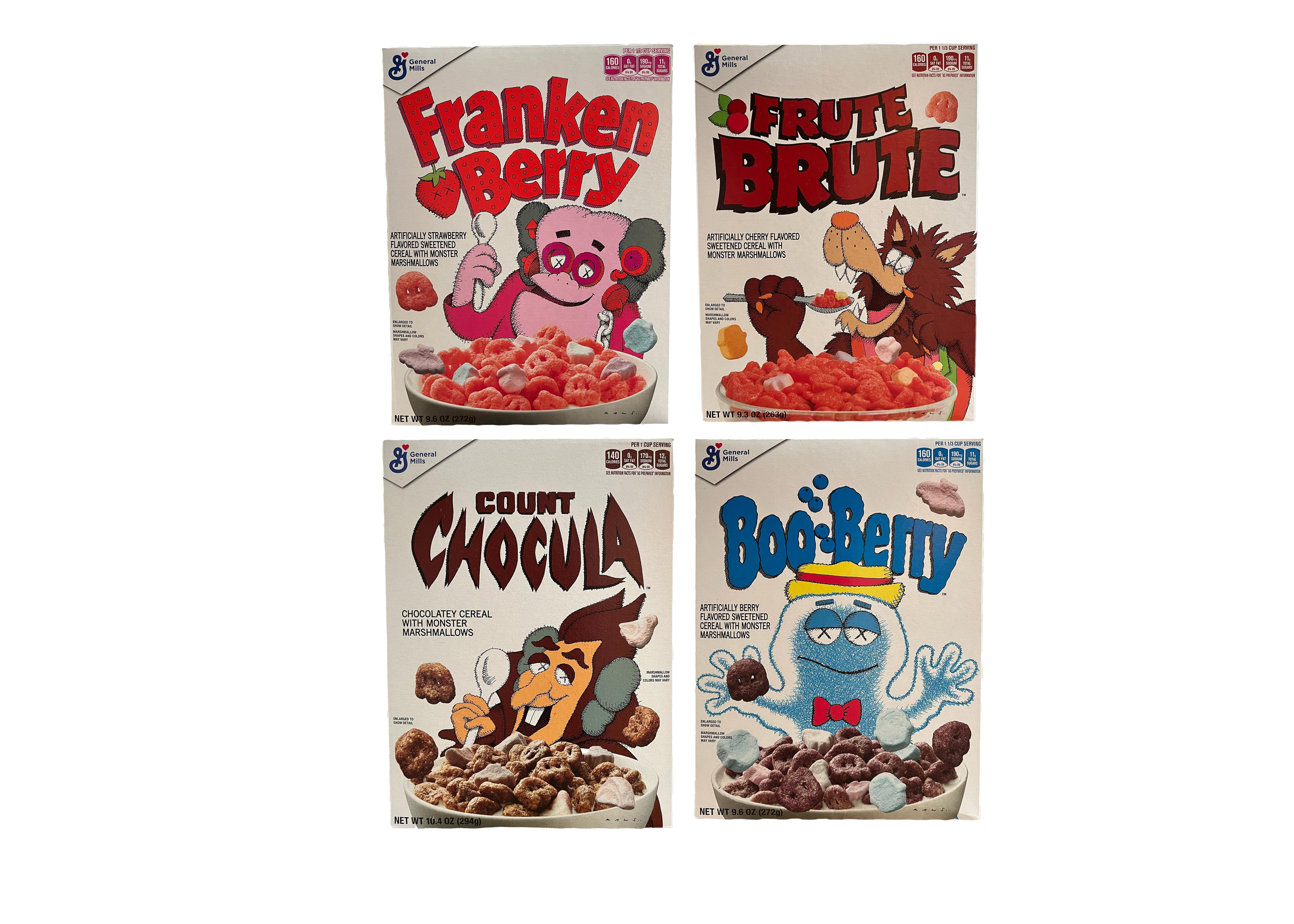 KAWS Monsters Franken Berry Count Chocula Boo Berry Frute Brute Cereal 4x  Lot (Not Fit For Human Consumption)