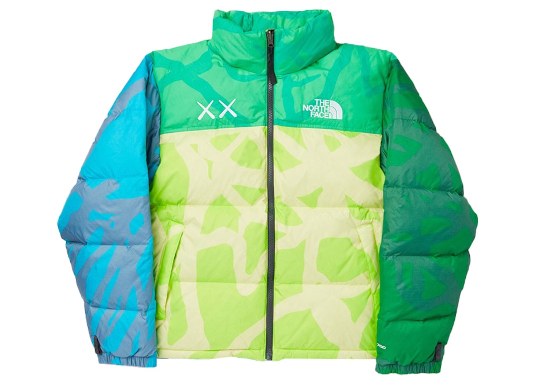 Pre-owned Kaws X The North Face Youth Retro 1996 Nuptse Jacket Kw Safety Green Nuptse Print