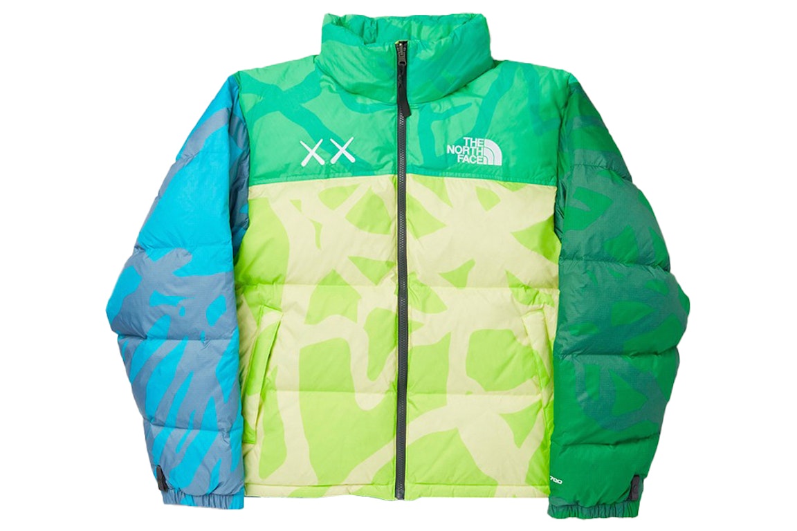 Pre-owned Kaws X The North Face Youth Retro 1996 Nuptse Jacket Kw Safety Green Nuptse Print