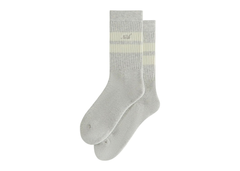 Kith Double Stripe Script Embroidered Cotton Crew Socks Light Heather Grey