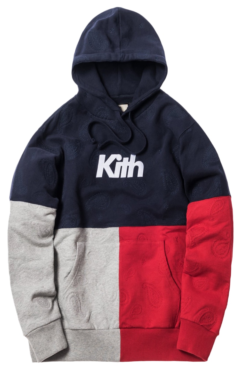 Kith Paisley Tri Block Hoodie Navy Heather Grey Red