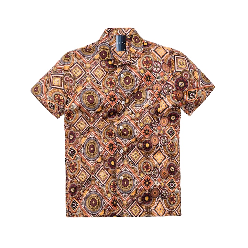 Kith Satin Geometric Tile Print Camp Shirt Tumeric SS19 Men's US