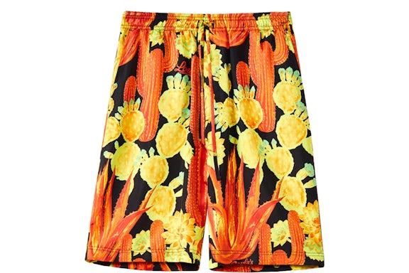 LOEWE Cactus Print Seide Shorts mit Kordelzug Schwarz/Gelb