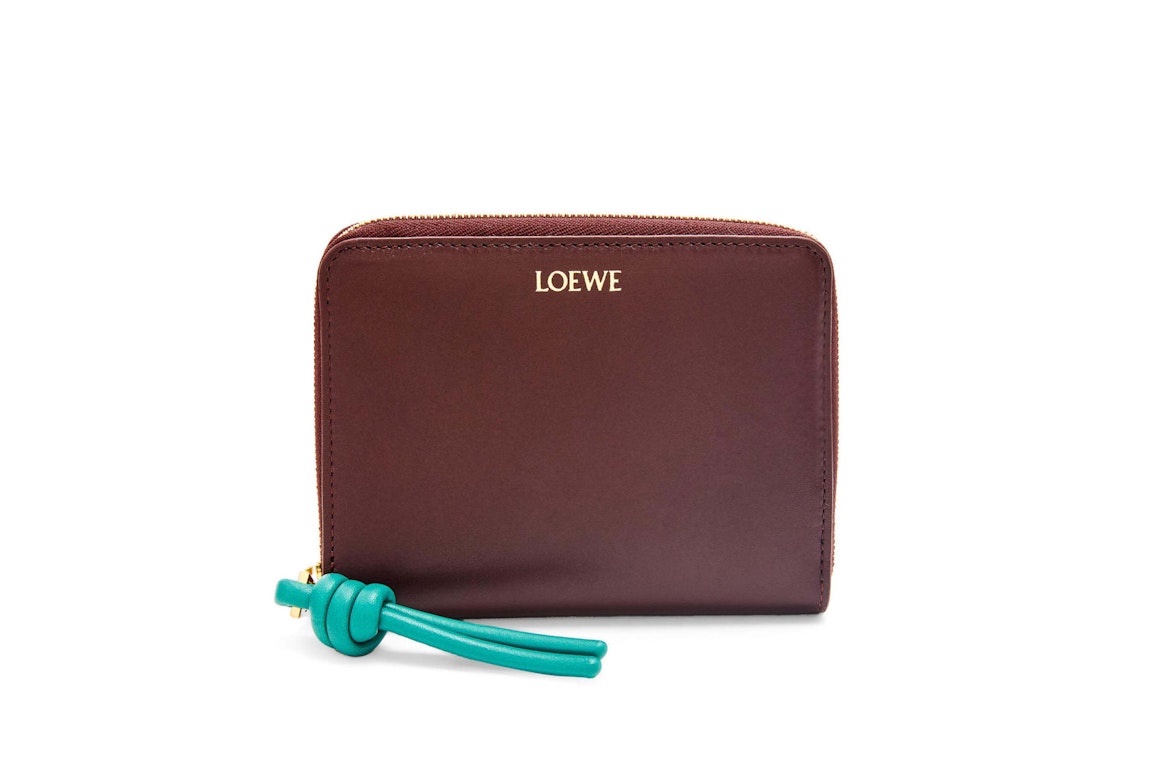 Pre-owned Loewe Knot Compact Zip Wallet In Shiny Nappa Calfskin Burgundy/emerald