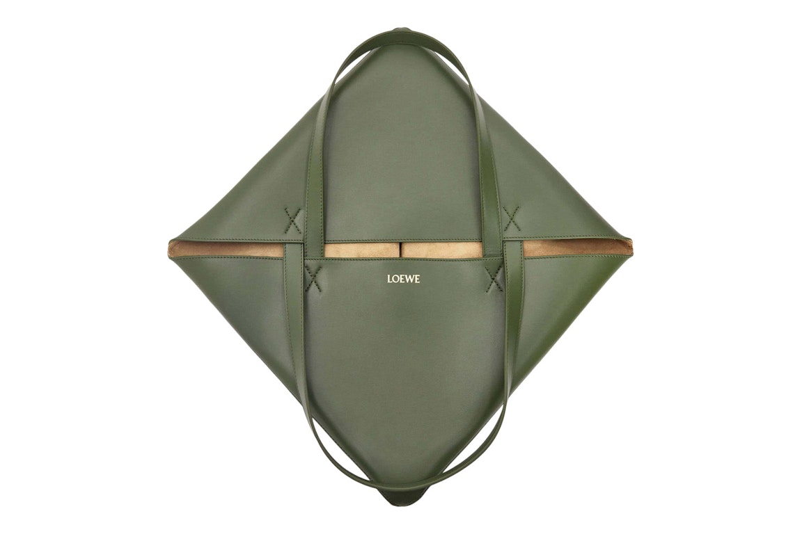 Pre-owned Loewe Large Puzzle Fold Tote In Shiny Calfskin Umber/hunter Green