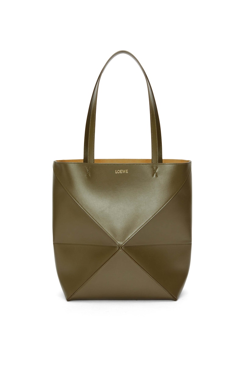 Pre-owned Loewe Women's Medium Puzzle Fold Tote In Shiny Calfskin In Dark Khaki Green