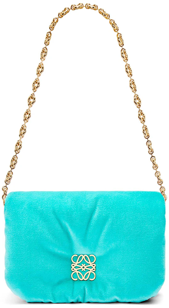 LOEWE Mini Puffer Goya Bag In Velvet Caribbean Blue in Velvet with Gold ...