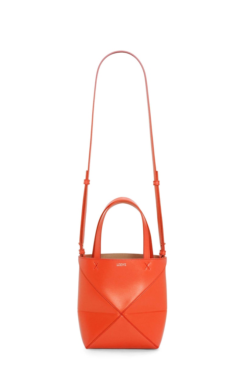 LOEWE Mini Puzzle Fold Tote in Shiny Calfskin Sunrise Orange in