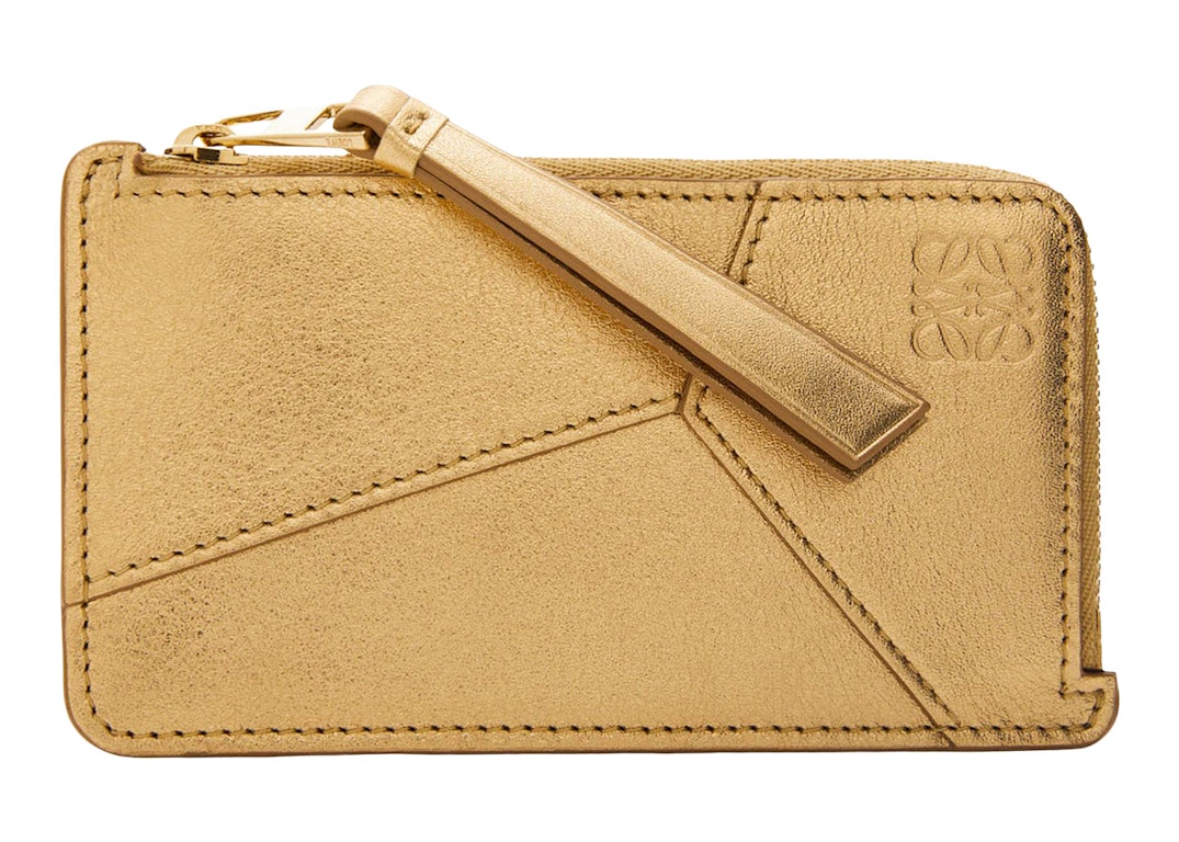 Pre-owned Loewe Puzzle Coin Cardholder In Metallic Calfskin Gold/oak
