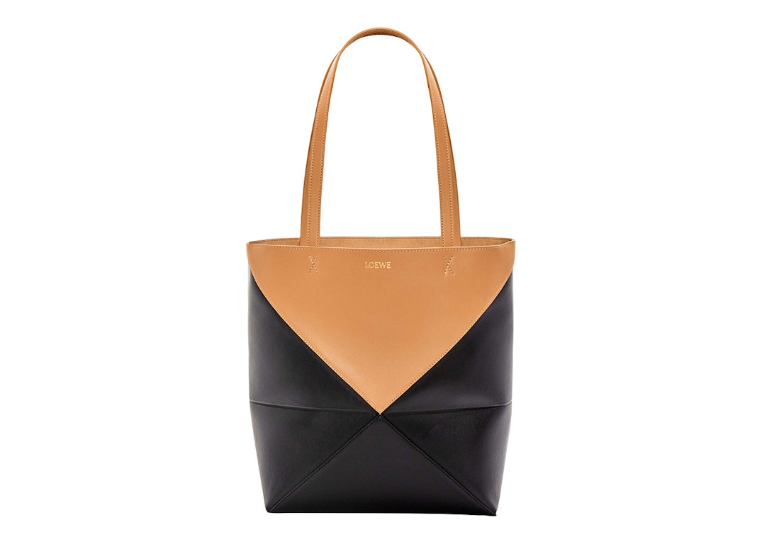 Pre-owned Loewe Puzzle Fold Tote In Shiny Calfskin Warm Desert/black