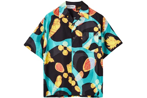 LOEWE Shell Print Silk Bowling Shirt Black/Turquoise