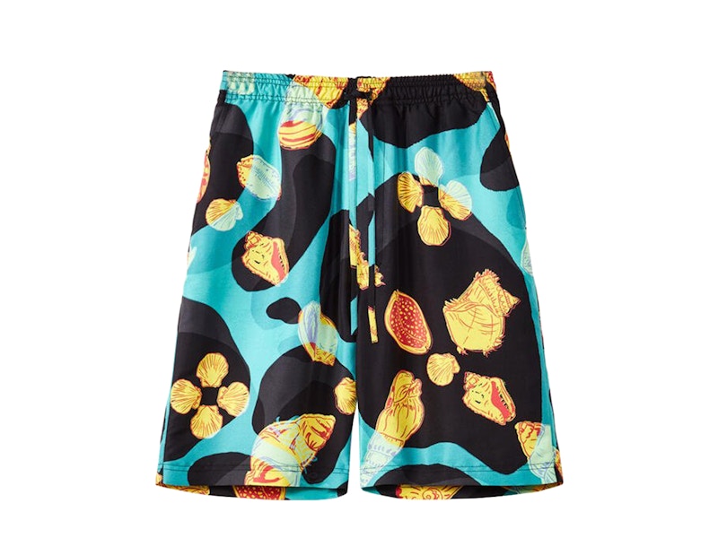 LOEWE - Short à cordon de serrage en soie imprimé coquillages Noir/Turquoise